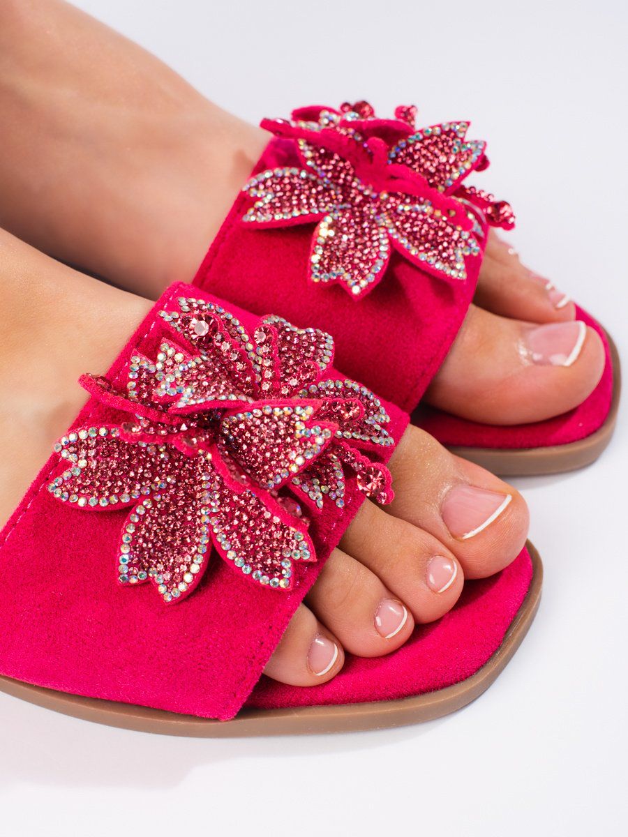 Shelvt Women's fuchsia flip-flops with embellishment