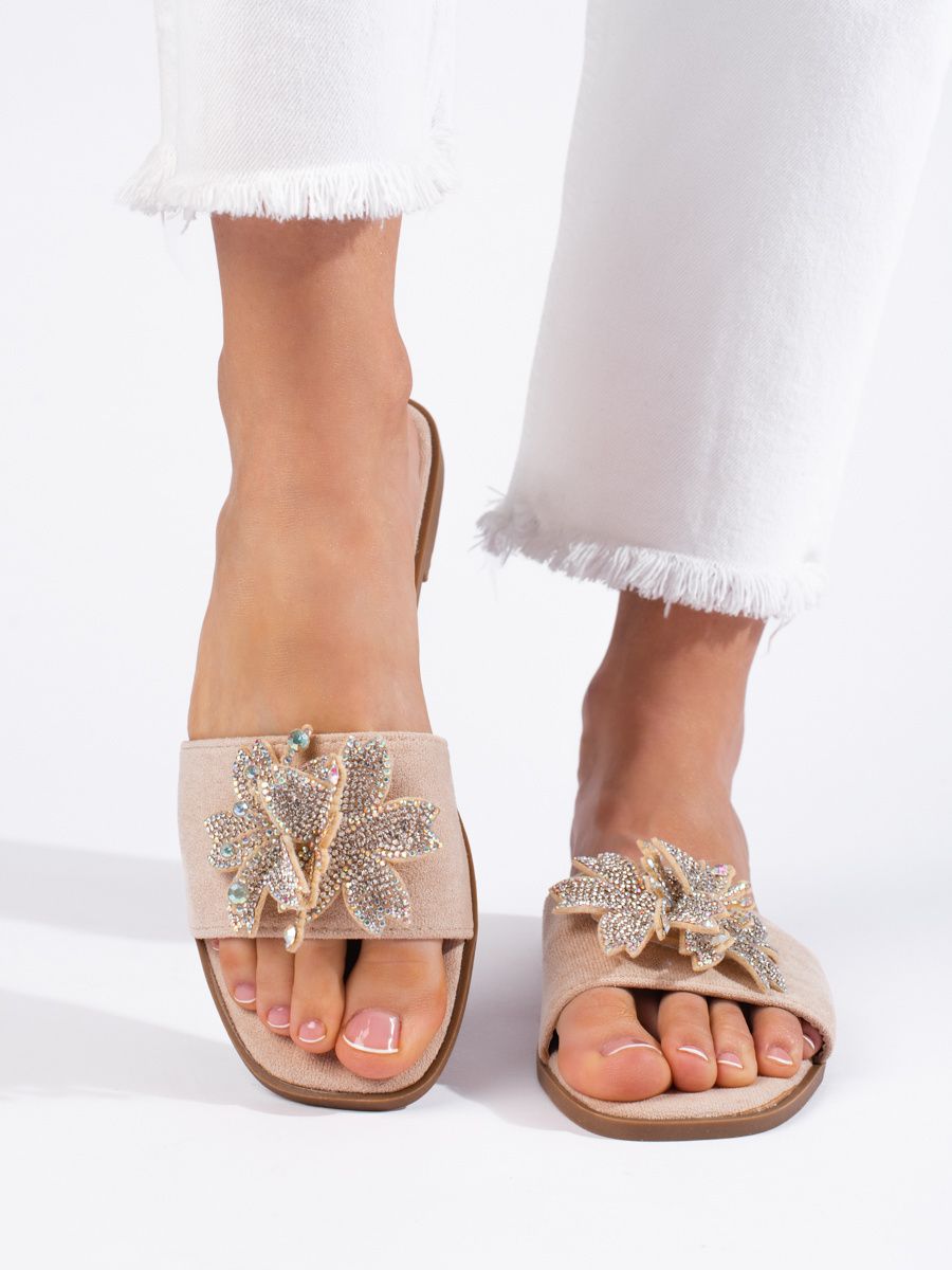 Shelvt Women's beige flip-flops with embellishment