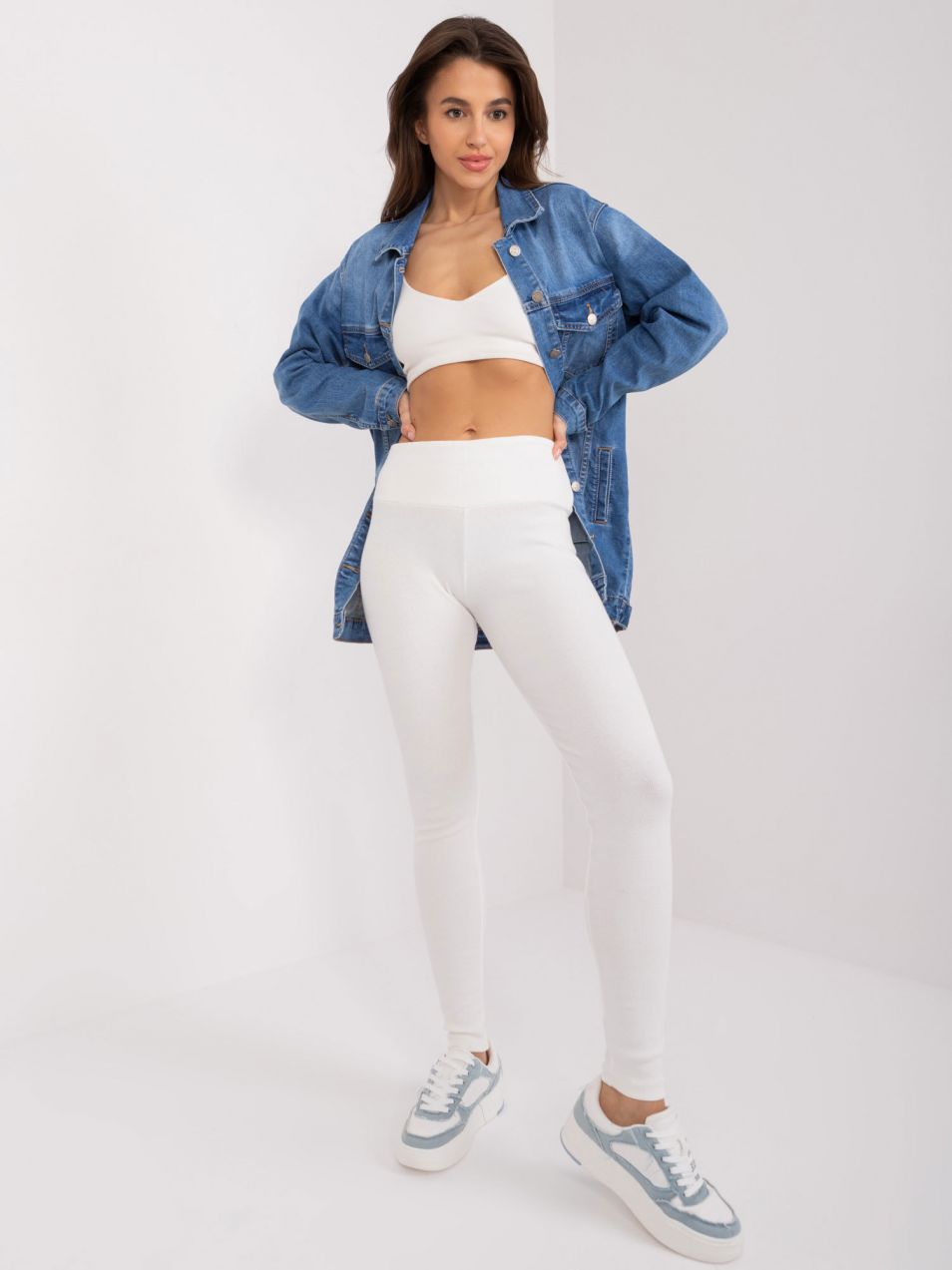 Ecru ribbed basic leggings made of cotton