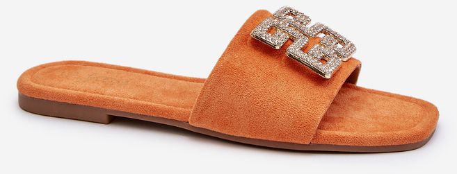 Women's flat heel slippers with embellishments, orange insole