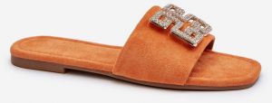 Women's flat heel slippers with embellishments, orange insole