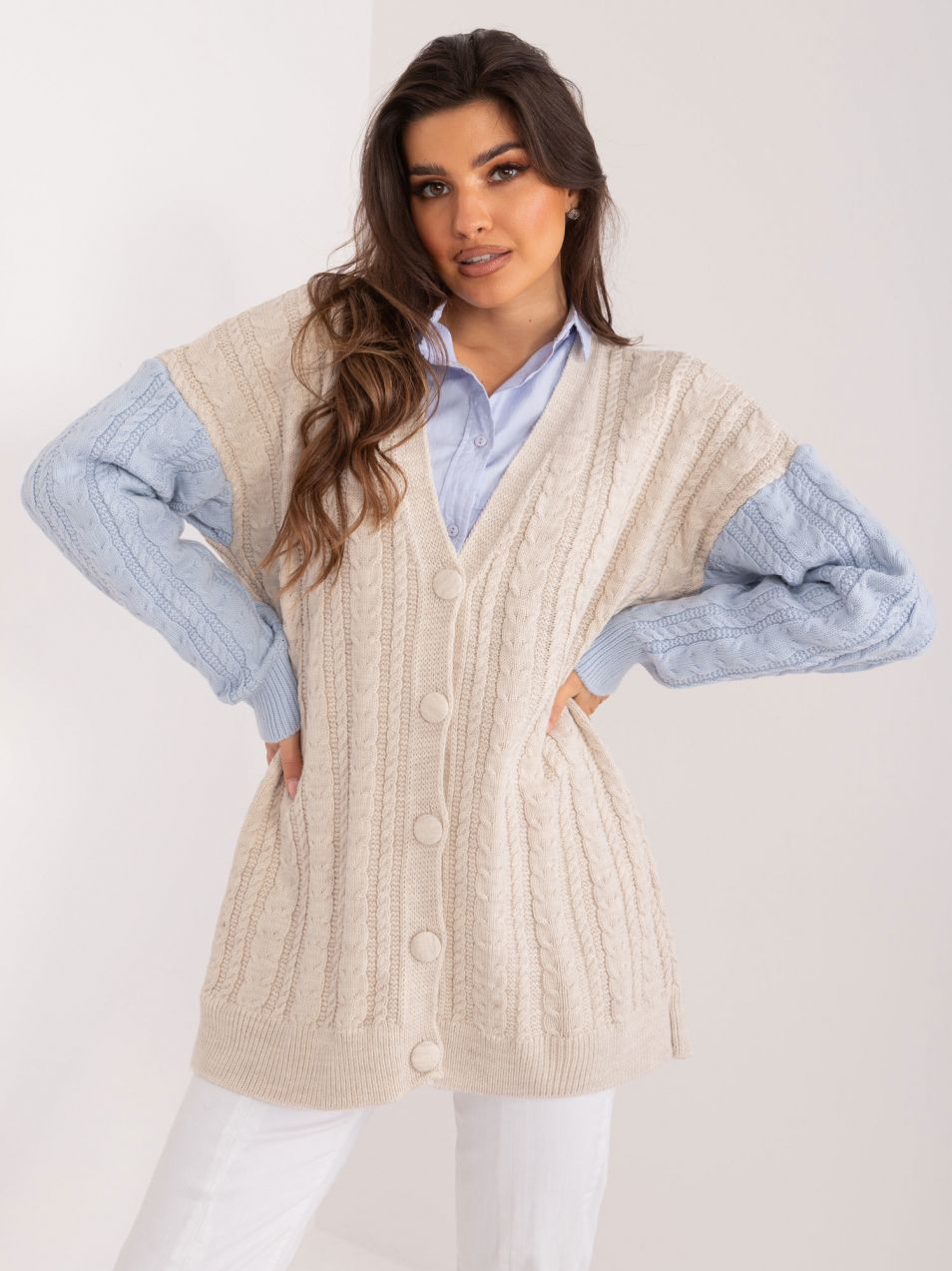 Beige and light blue cardigan with wool