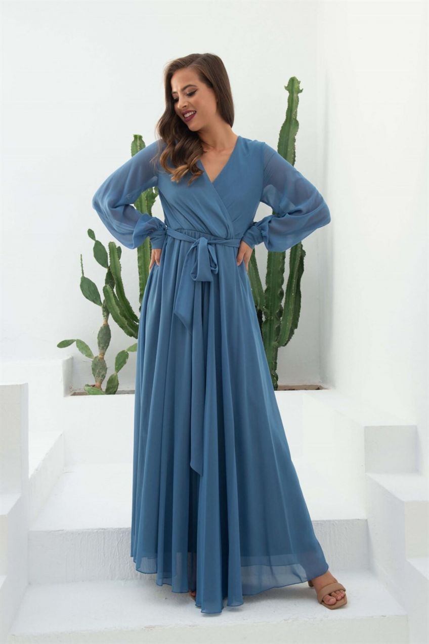 Dlhé večerné šaty Carmen Indigo Chiffon s dvojradovým zapínaním