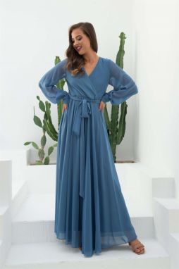 Dlhé večerné šaty Carmen Indigo Chiffon s dvojradovým zapínaním