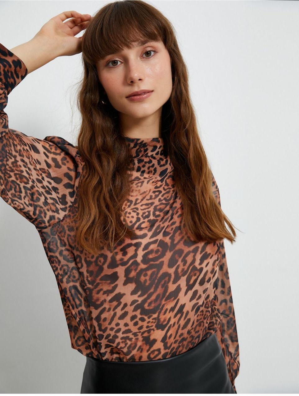 Koton Chiffon blouse Leopard Patterned Draped Collar Balloon Sleeve