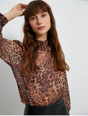 Koton Chiffon blouse Leopard Patterned Draped Collar Balloon Sleeve