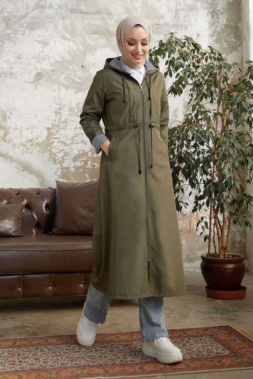 InStyle bordový pruhovaný vzor dlhý trenčkot - khaki