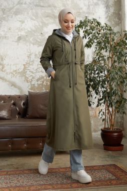 InStyle bordový pruhovaný vzor dlhý trenčkot - khaki