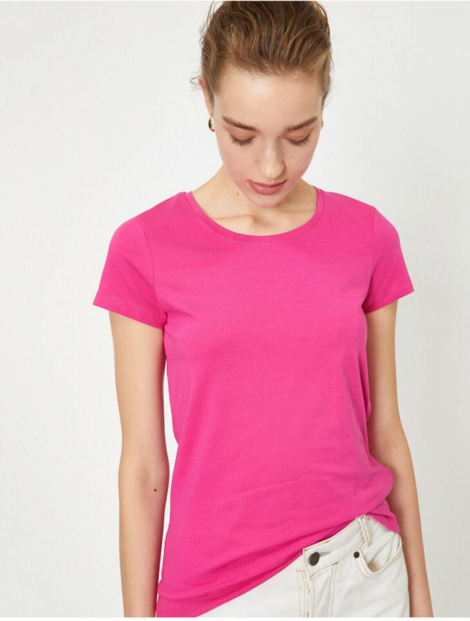 Koton Women's Pink Standard Fit Crew Neck Basic T-Shirt.