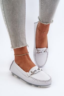 Women's leather loafers with embellishment, white S.Barski