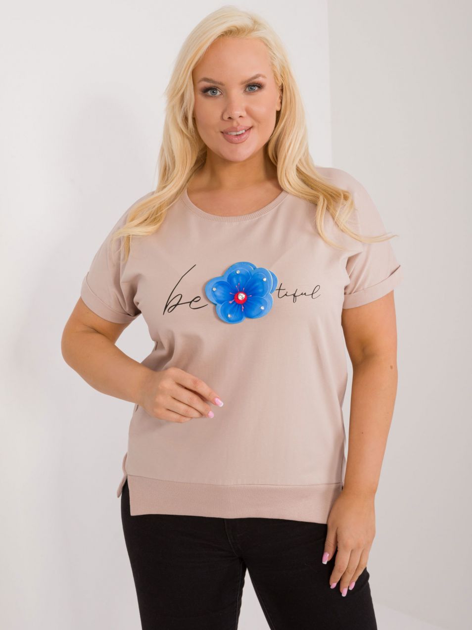 Beige plus size blouse with flower