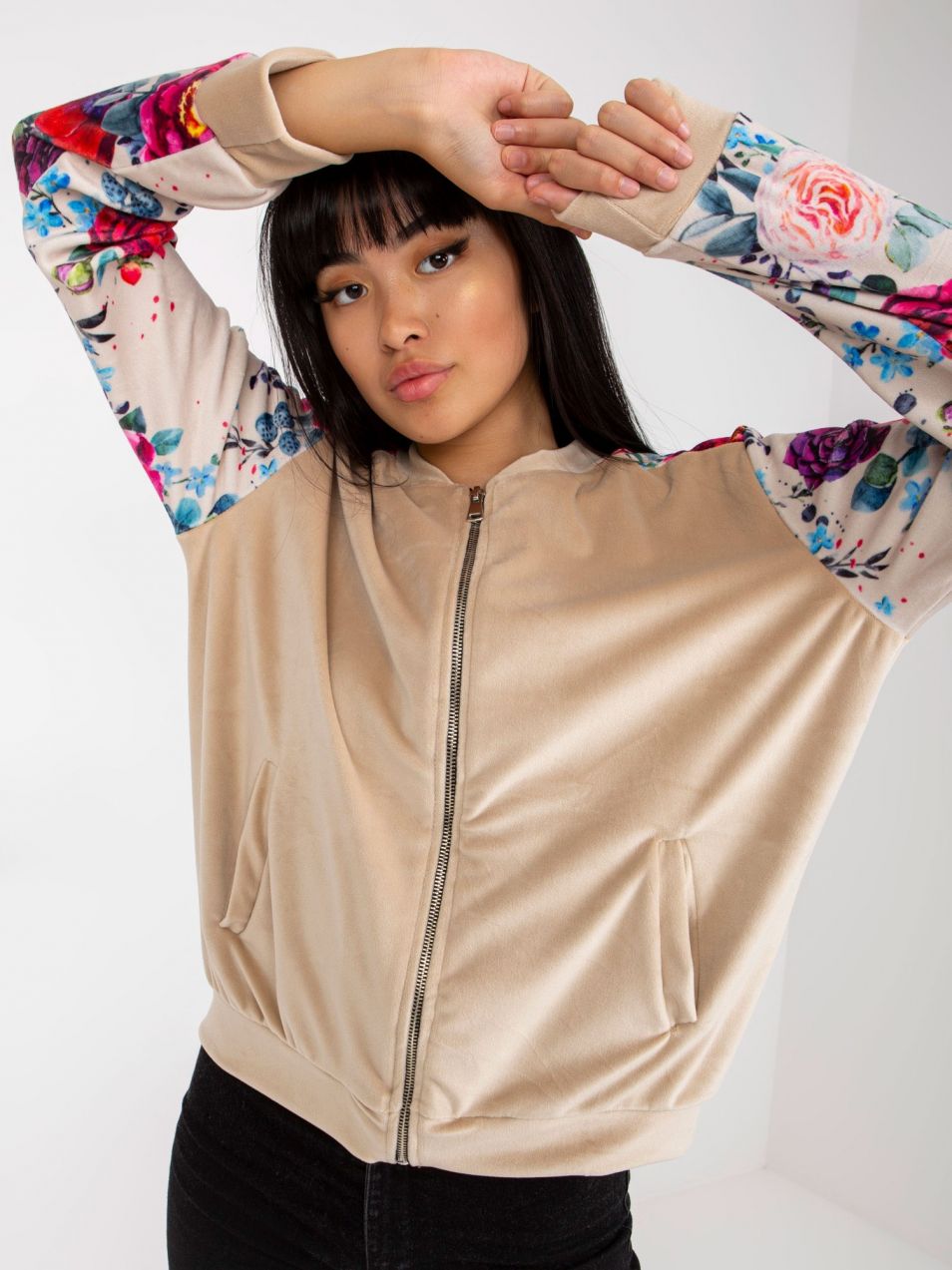 Beige velour sweatshirt type bomber with prints RUE PARIS