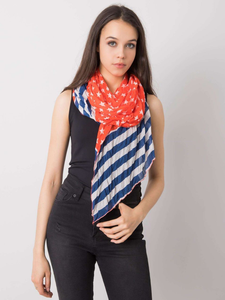 Red and navy blue patterned shawl