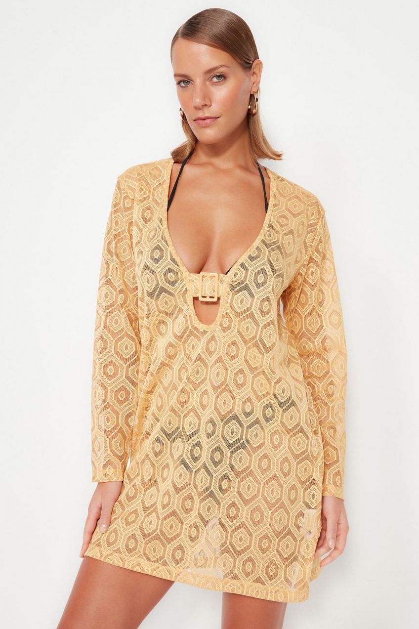 Trendyol Camel Mini plážové šaty s tkanými doplnkami