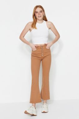 Trendyol Camel vysokopásové crop flare džínsy s gombíkmi vpredu