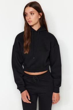 Trendyol Black Thick Fleece Hooded Relaxed Cut Crop Basic Knitted Sweatshirt