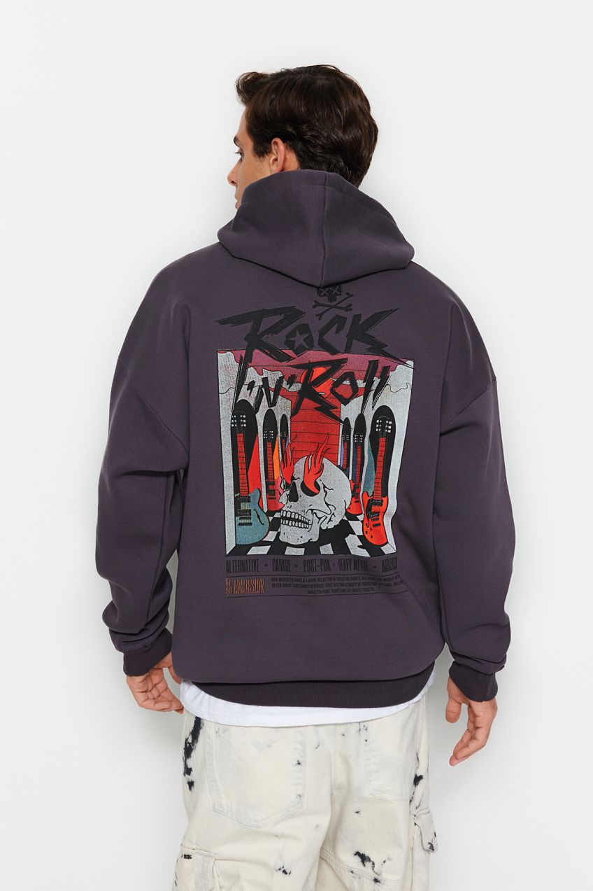 Trendyol antracitová oversized/široká fleecová mikina s kapucňou a potlačou Rock