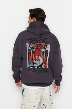 Trendyol antracitová oversized/široká fleecová mikina s kapucňou a potlačou Rock