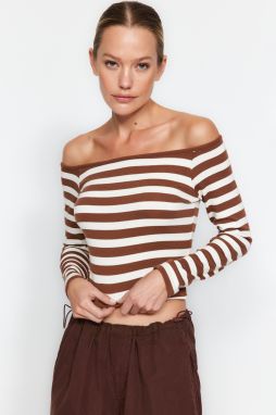 Trendyol Brown With Soft Fabric Striped Carmen Collar Fitted/Slippery Knitted Blouse