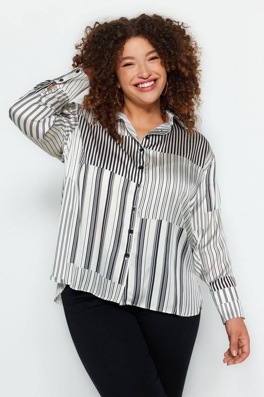 Trendyol Curve Black and White Striped Woven Long Sleeve Shirt
