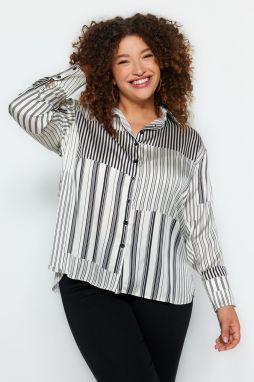 Trendyol Curve Black and White Striped Woven Long Sleeve Shirt