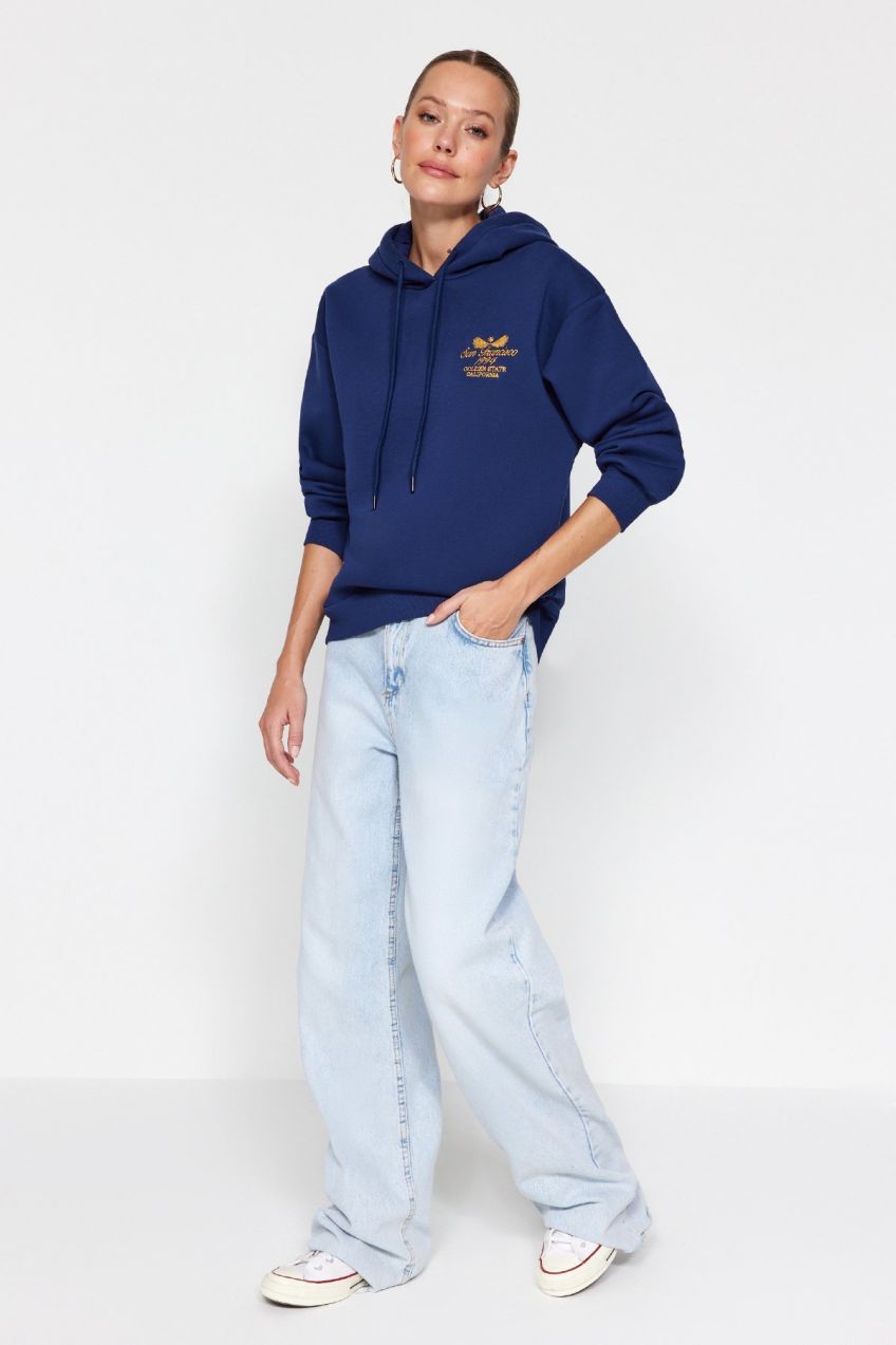 Trendyol Navy Blue Regular/Normal Fit Embroidered Hooded Fleece Inside Knitted Sweatshirt