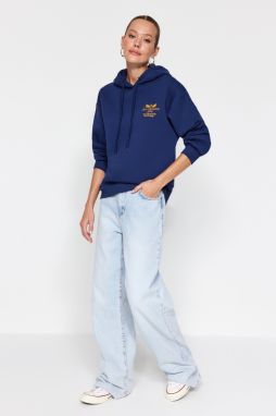 Trendyol Navy Blue Regular/Normal Fit Embroidered Hooded Fleece Inside Knitted Sweatshirt