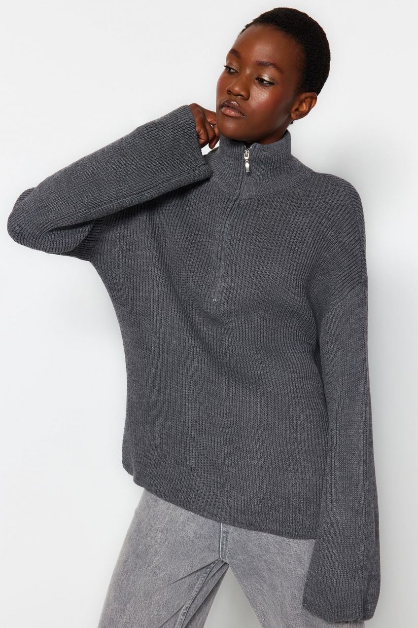 Trendyol Anthracite Wide Fit Zippered High Neck Knitwear Sweater