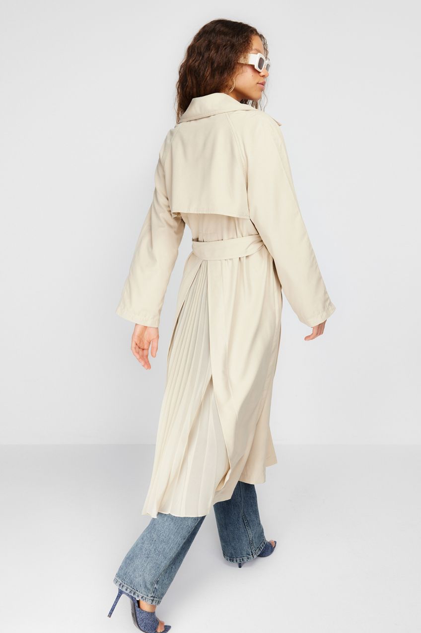 Trendyol béžový oversized široký strih trenčkot s plisovanými detailmi z šifónu