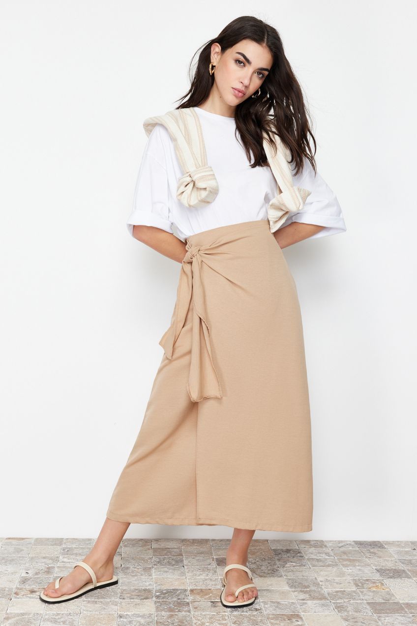 Trendyol Camel Double Breasted Tie Detailed Woven Linen Look Skirt