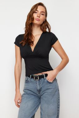 Trendyol Black Deep V-Neck Body Fitted Short Sleeve Stretch Knitted Blouse