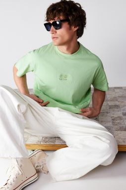 Trendyol Mint Relaxed/Comfortable Cut Text Embroidered Short Sleeve 100% Cotton T-Shirt
