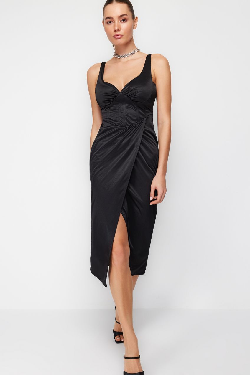 Trendyol Black Draped Wrap Knitted Satin Dress