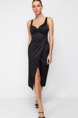 Trendyol Black Draped Wrap Knitted Satin Dress