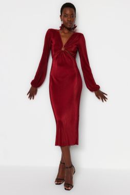 Trendyol Burgundy vypasované pletené okno/vystrihnuté detailne plisované elegantné večerné šaty