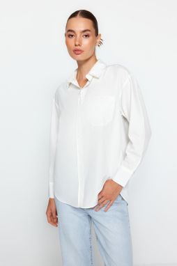 Trendyol oversized/široký strih tkaná košeľa s perlovým detailom na ecru golieri