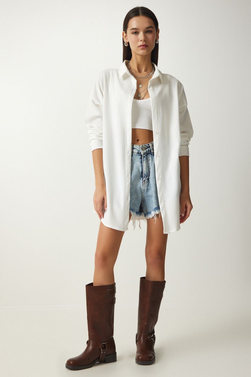 Happiness İstanbul Women's White Crinkle Oversize Shirt
