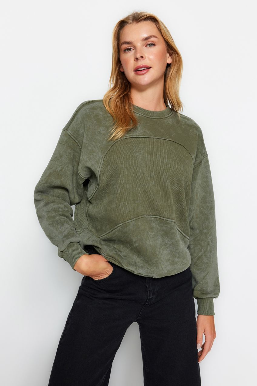 Trendyol Khaki Antique/Faded Effect Thick Fleece Inside Oversize/Wide Fit Knitted Sweatshirt