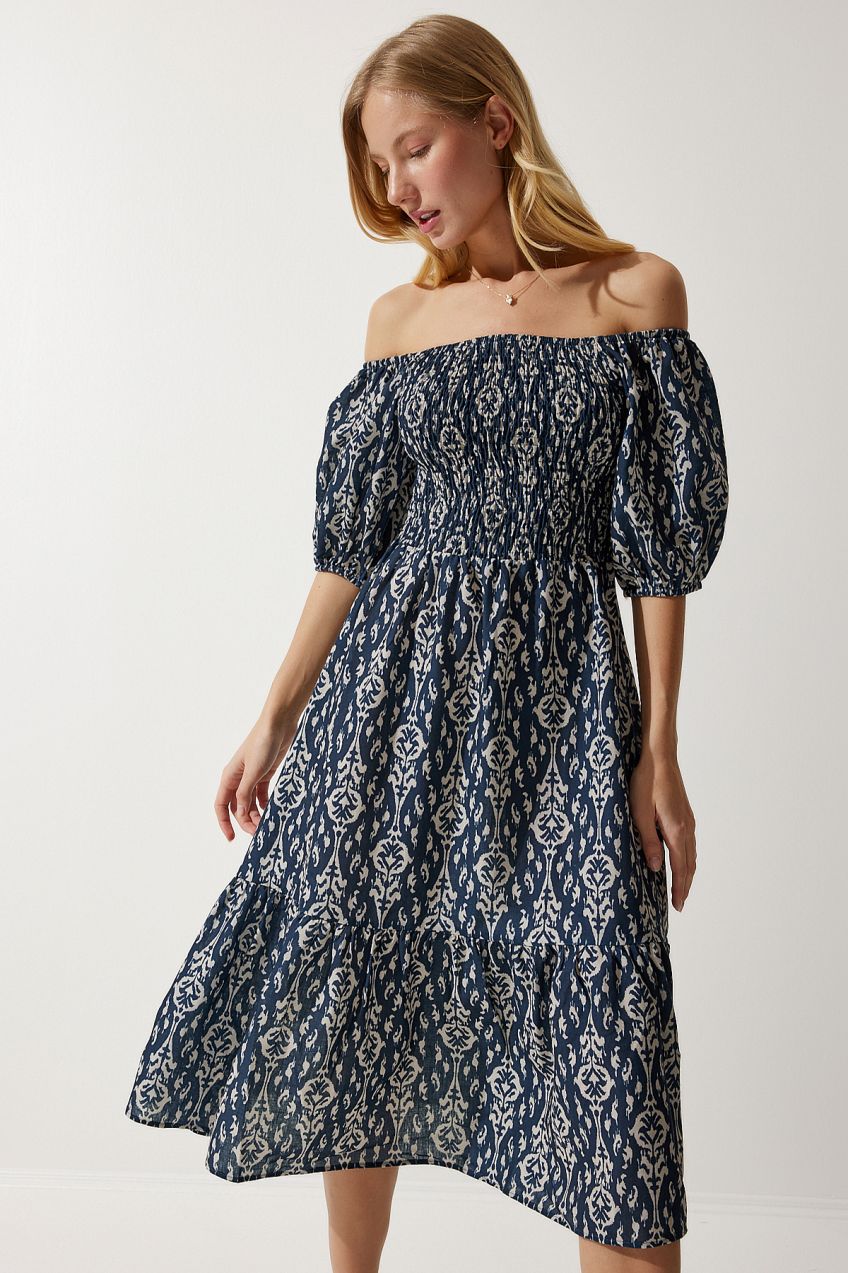 Happiness İstanbul Women's Navy Blue Cream Patterned Summer Woven Dress