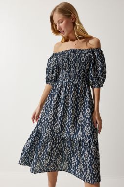 Happiness İstanbul Women's Navy Blue Cream Patterned Summer Woven Dress