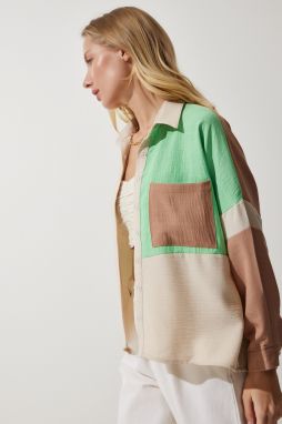 Happiness İstanbul Women's Beige Green Color Block Color Linen Shirt