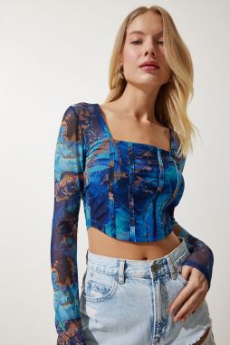 Happiness İstanbul Women's Blue Patterned Crop Chiffon Blouse