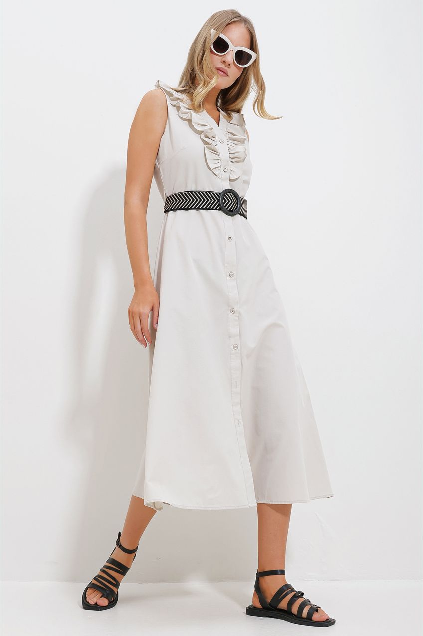 Trend Alaçatı Stili Women's Beige Frilly Front Belted Poplin Woven Dress