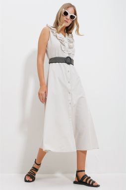Trend Alaçatı Stili Women's Beige Frilly Front Belted Poplin Woven Dress