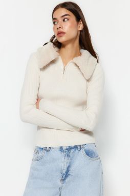 Trendyol Ecru Polo Neck Faux Für Detailed Knitwear Sweater