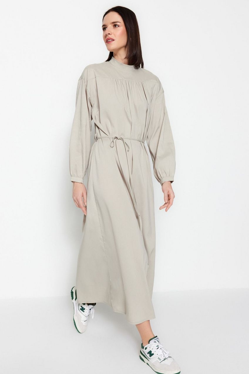 Trendyol Gray Belted Gathered Detailed Wide Fit Woven Dress