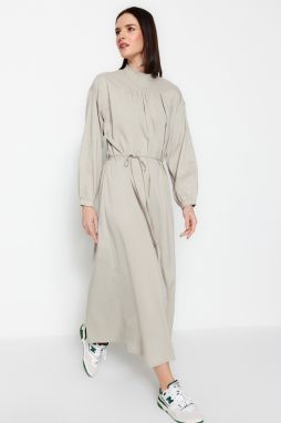 Trendyol Gray Belted Gathered Detailed Wide Fit Woven Dress