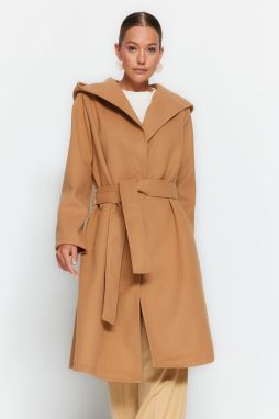Trendyol Camel oversize Wide-Cut štandardnej veľkosti s kapucňou, pásom dlhý razený kabát