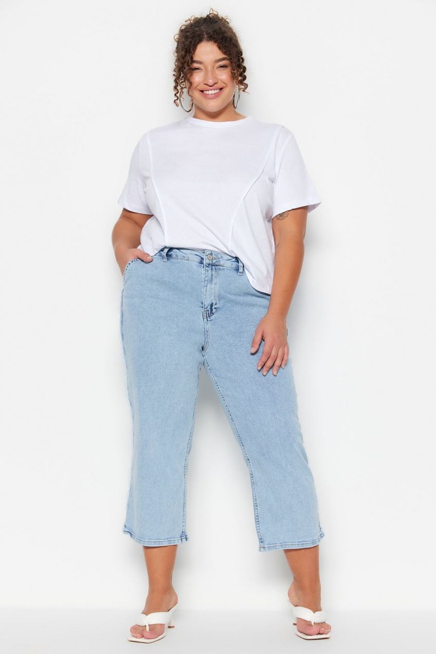 Trendyol Curve svetlomodrý strapec s vysokým pásom detailné džínsy Culotte Fit