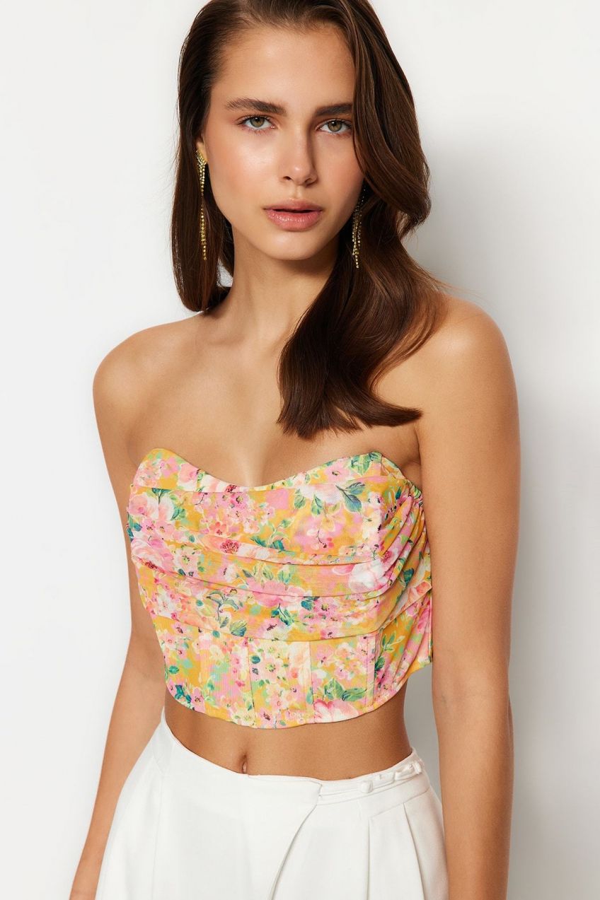 Trendyol Multicolored Floral Printed Gradient Knitted Tulle Bustier